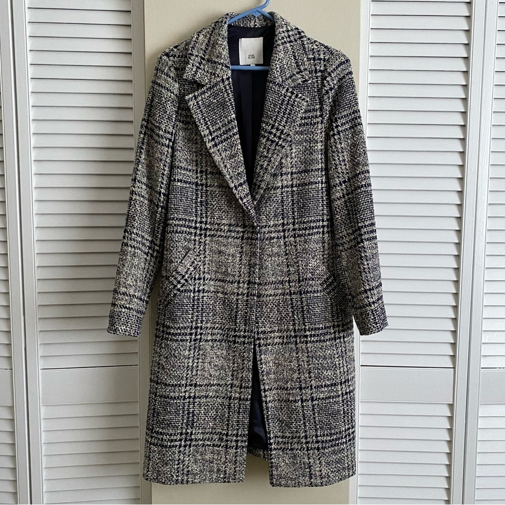 River Island Navy Check Plaid single-breasted coat